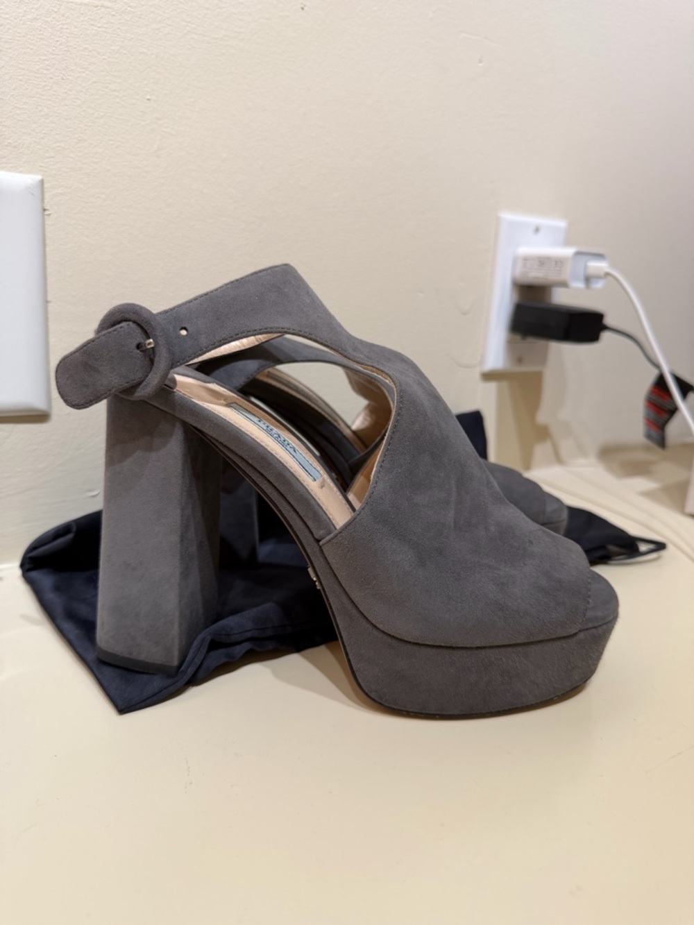 Prada Charcoal Suede Platform Sandal with Buckle Ankle Strap - Picture 2 of 10